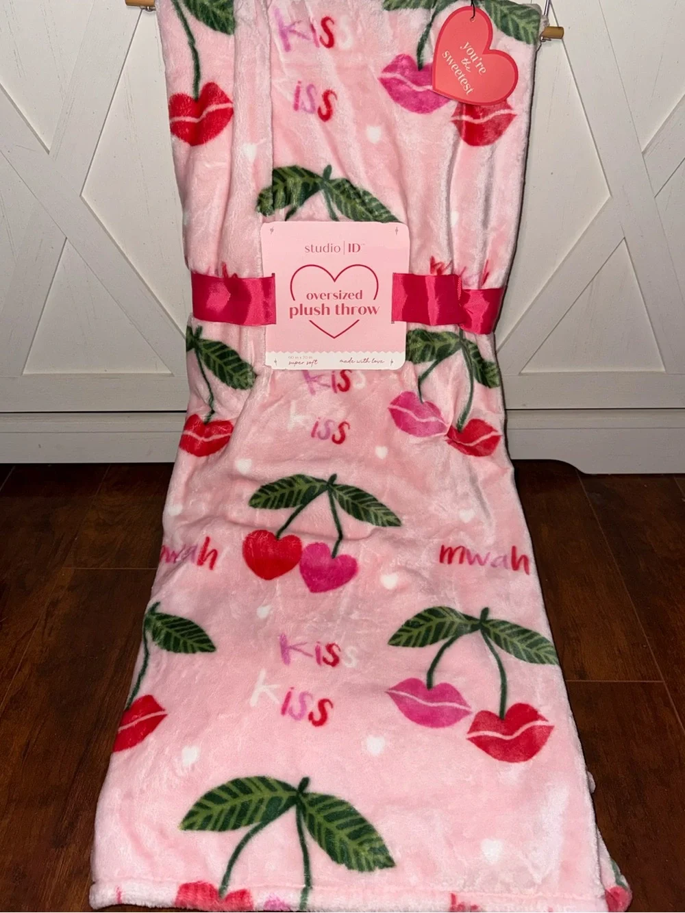 Valentines Pink Kiss Cherry Hearts Oversized Plush Throw Blanket